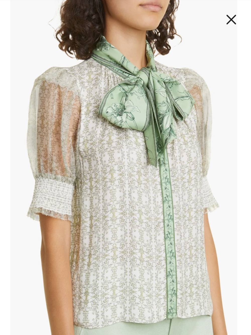 NEW Alice + Olivia Brentley The Neck Tie Blouson Sleeve Blouse in Republic Geo M
